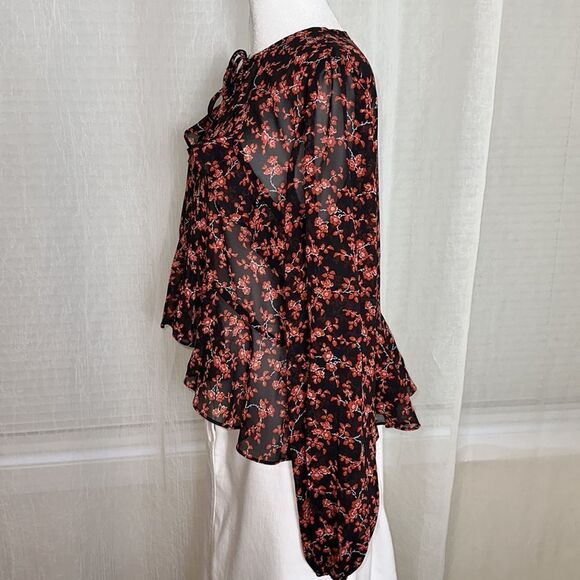 bar III L Black Red White Floral Long Sleeve Tie Front Peplum Ruffle Blouse - Picture 9 of 12